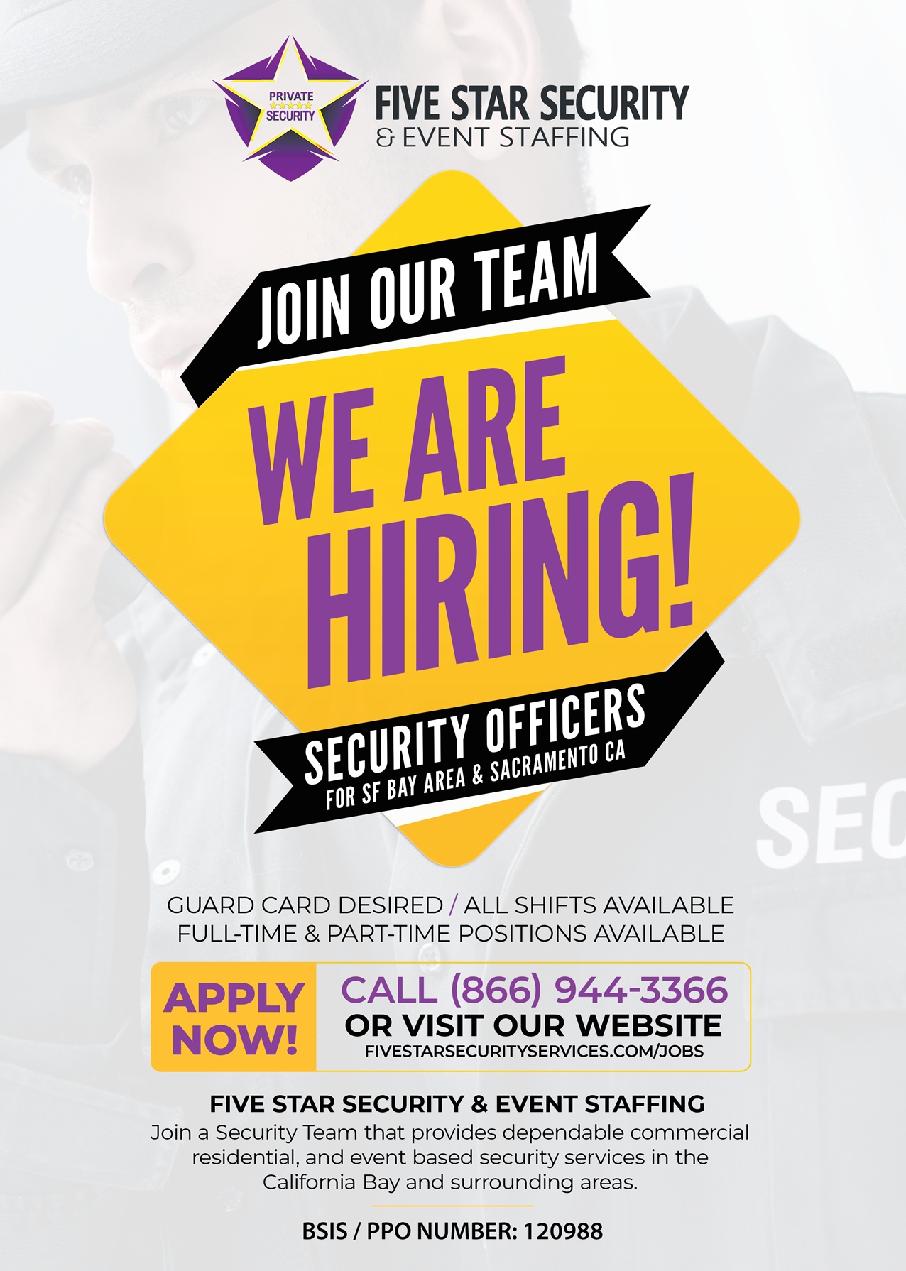 Five Star Security & Event Staffing - Sacramento CA | We Are Hiring Flyer - Security Officers